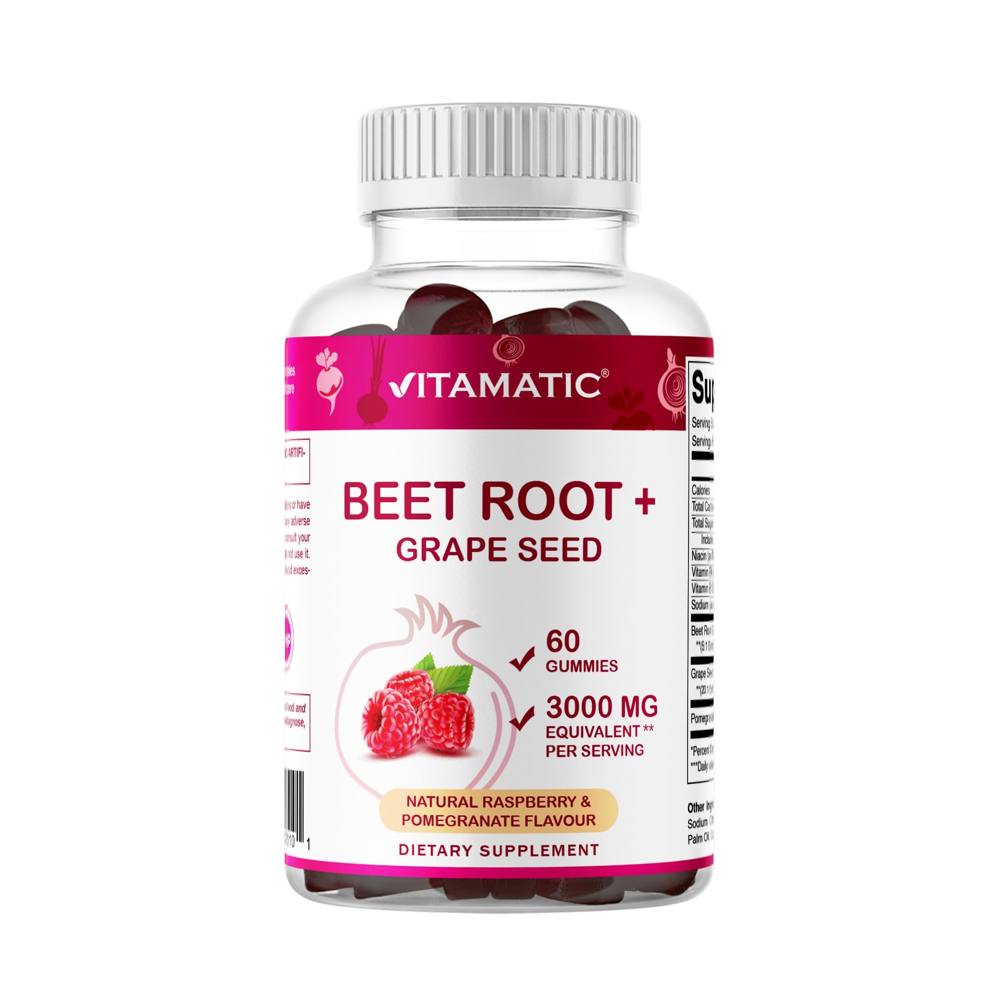 Vitamatic Remolacha Gummies: botella lista para consumo diario con sabor frambuesa y granada.