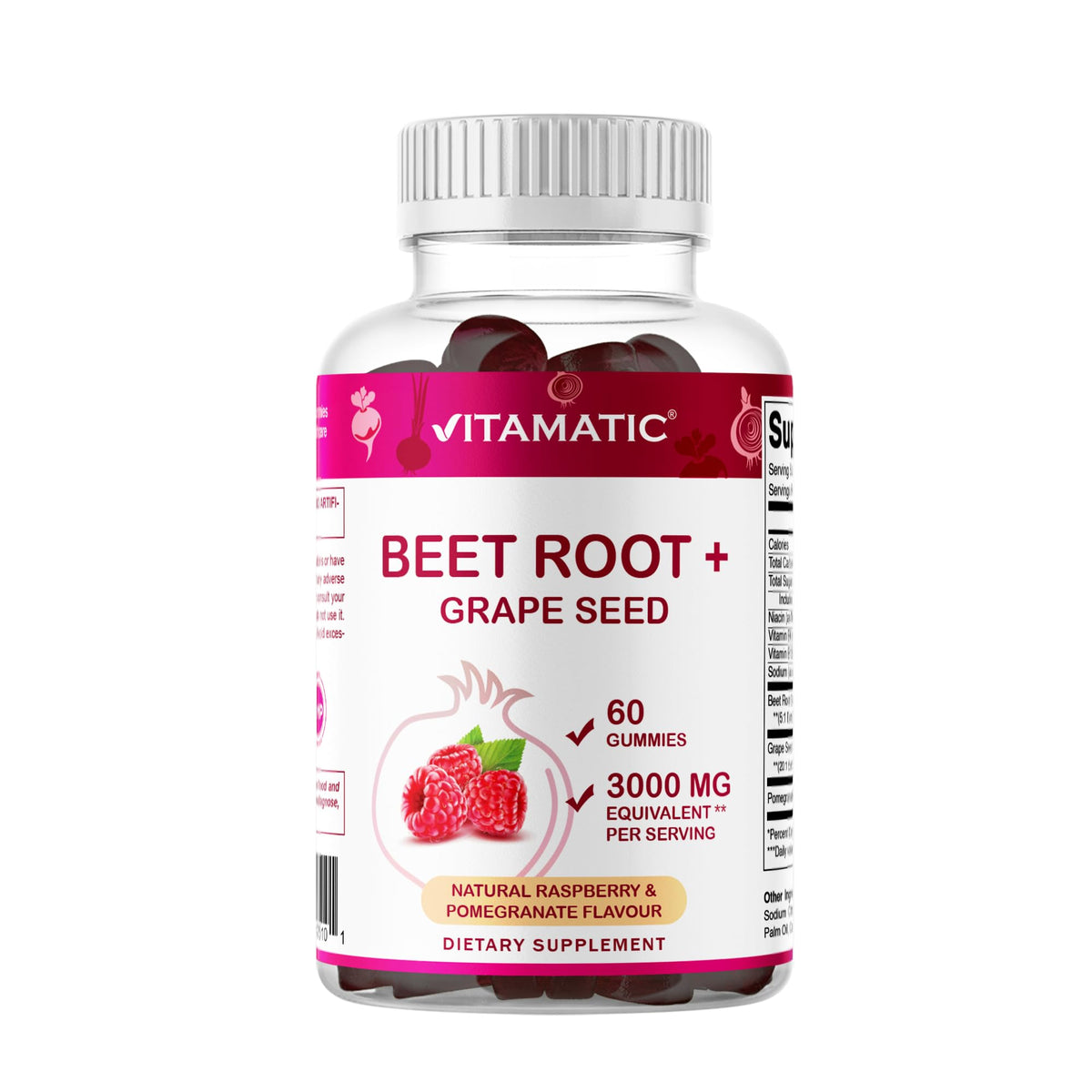 Vitamatic Remolacha Gummies: botella lista para consumo diario con sabor frambuesa y granada.