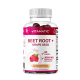 Vitamatic Remolacha Gummies: botella lista para consumo diario con sabor frambuesa y granada.