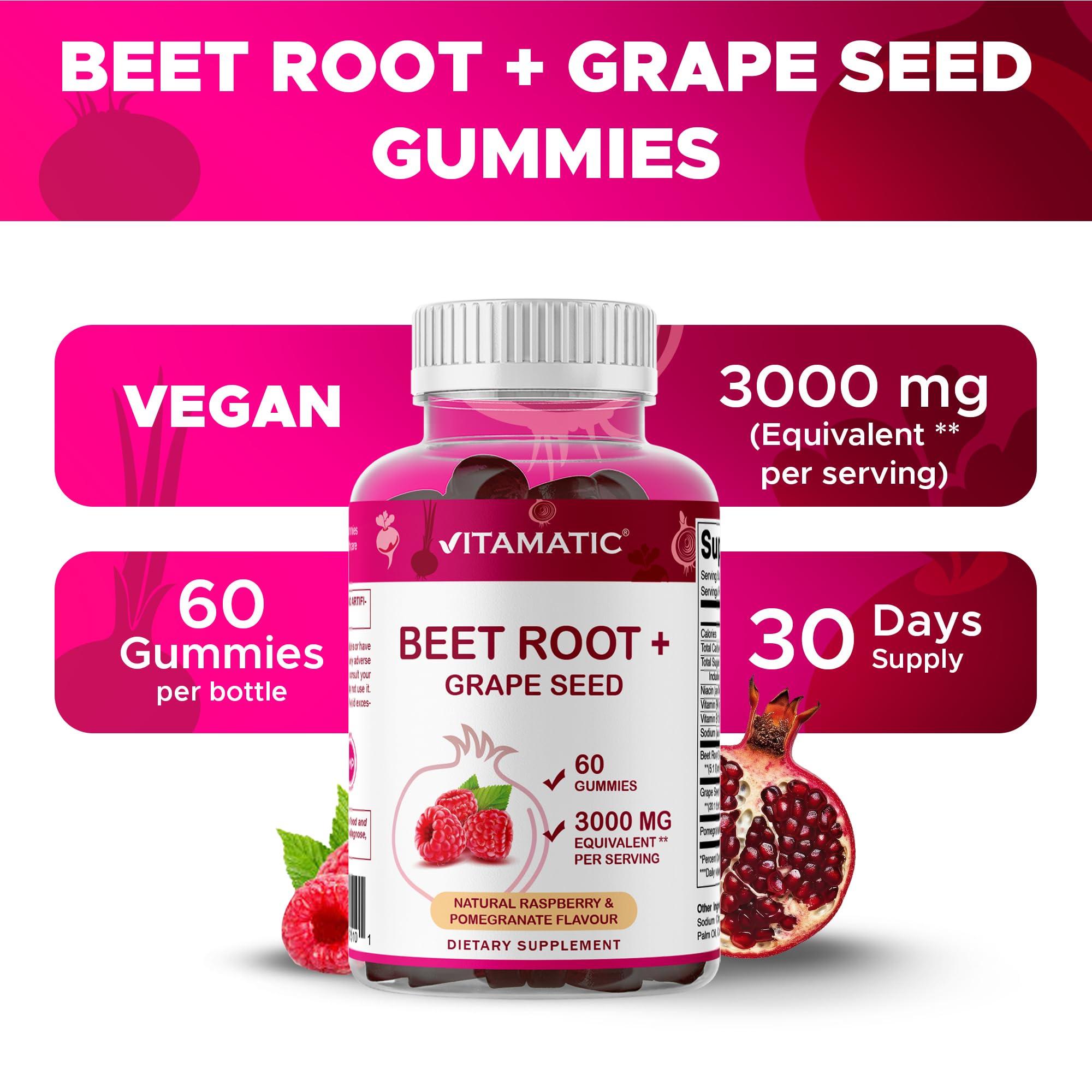 Vitamatic Remolacha Gummies: empaque de 60 gomitas para una dosis diaria conveniente.