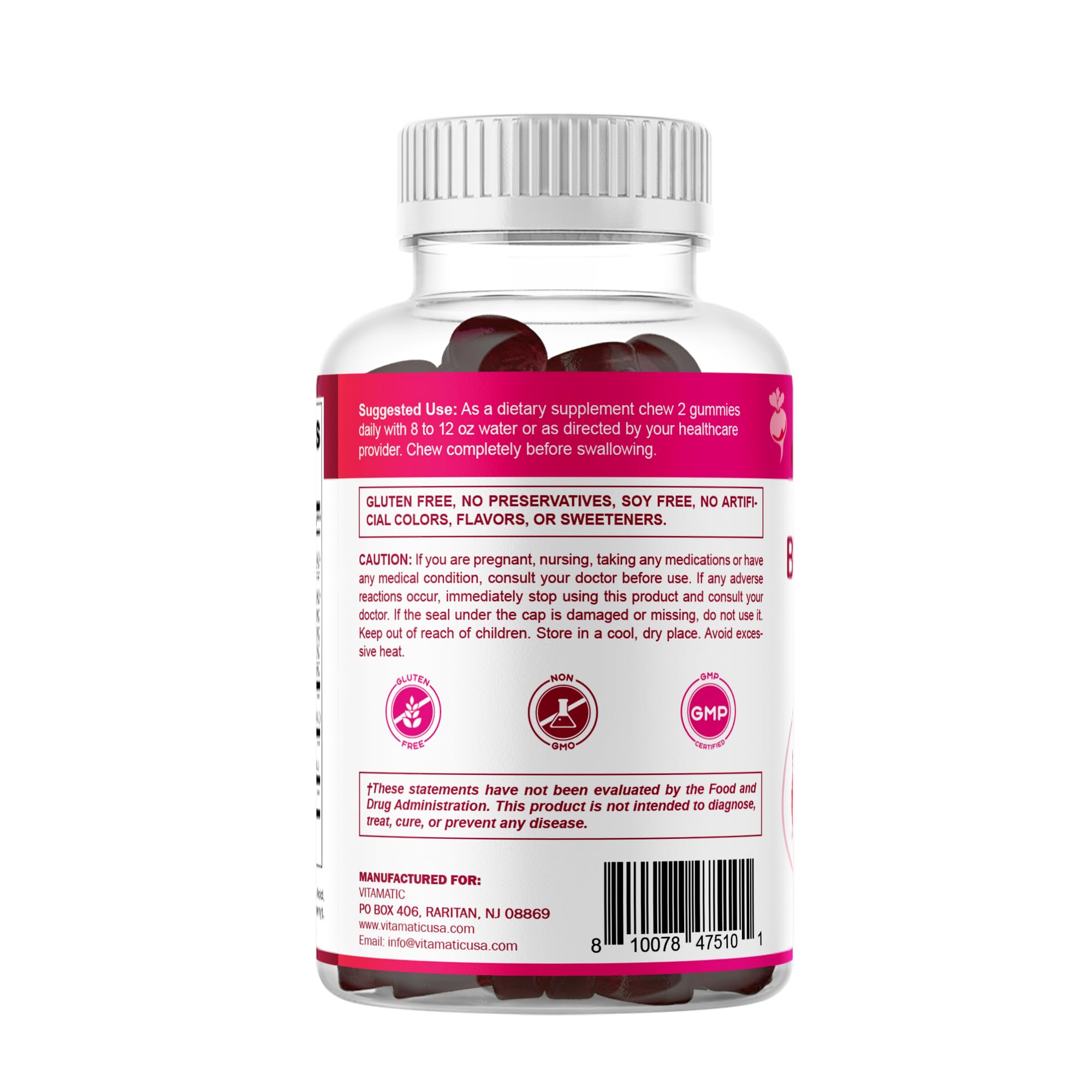 Vitamatic Remolacha Gummies: fabricado en instalaciones GMP y registrado por la FDA para seguridad.