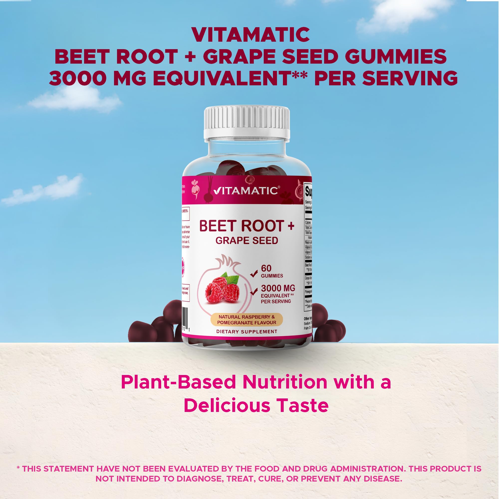Vitamatic Remolacha Gummies: ingredientes clave como B6, B12 y extracto de semilla de uva.