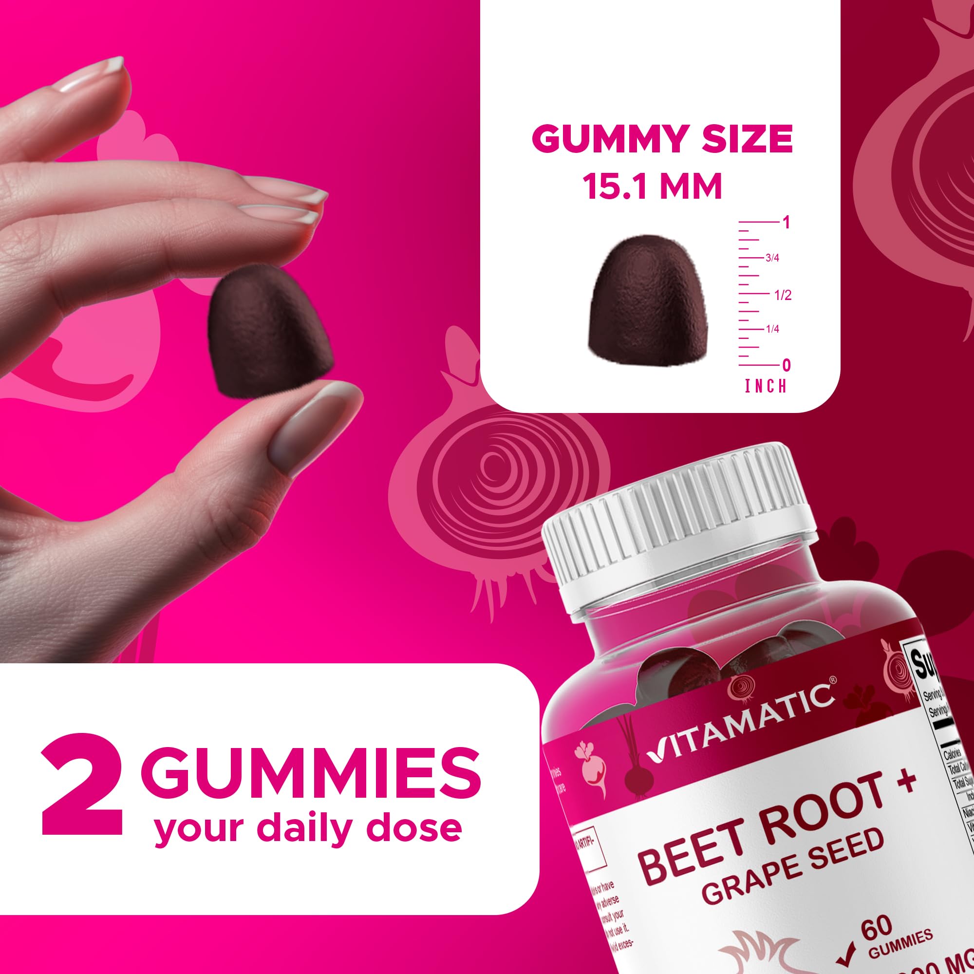 Vitamatic Remolacha Gummies: sabor frambuesa y granada para una experiencia agradable durante el día.