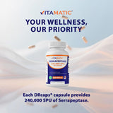 Caja externa de Vitamatic Serrapeptase con sello GMP.