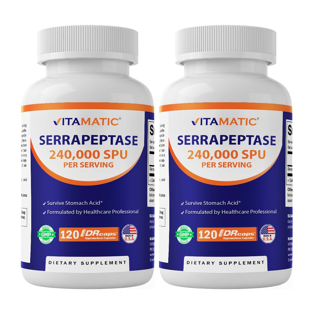 Vitamatic Serrapeptase frasco con cápsulas de liberación retardada.