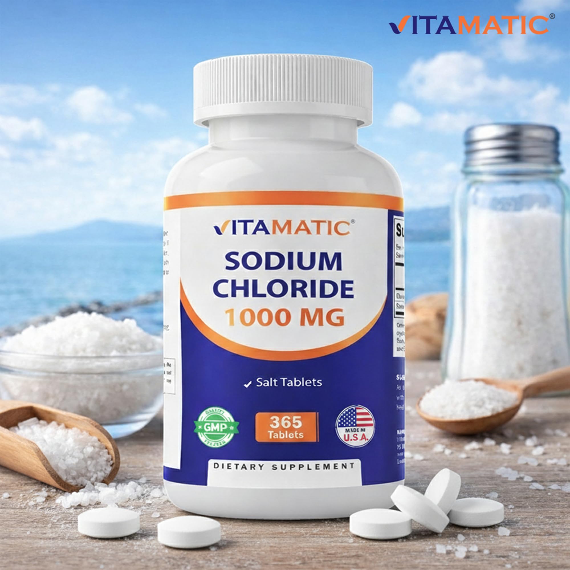 Tabletas Vitamatic Sodio Cloruro 1000mg de rápida absorción para reposición.