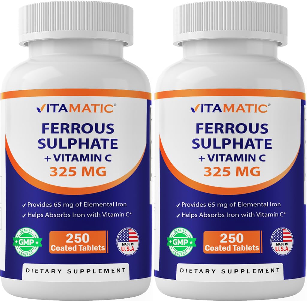 Vitamatic sulfato ferroso 65 mg con vitamina C, frente de la botella para absorción