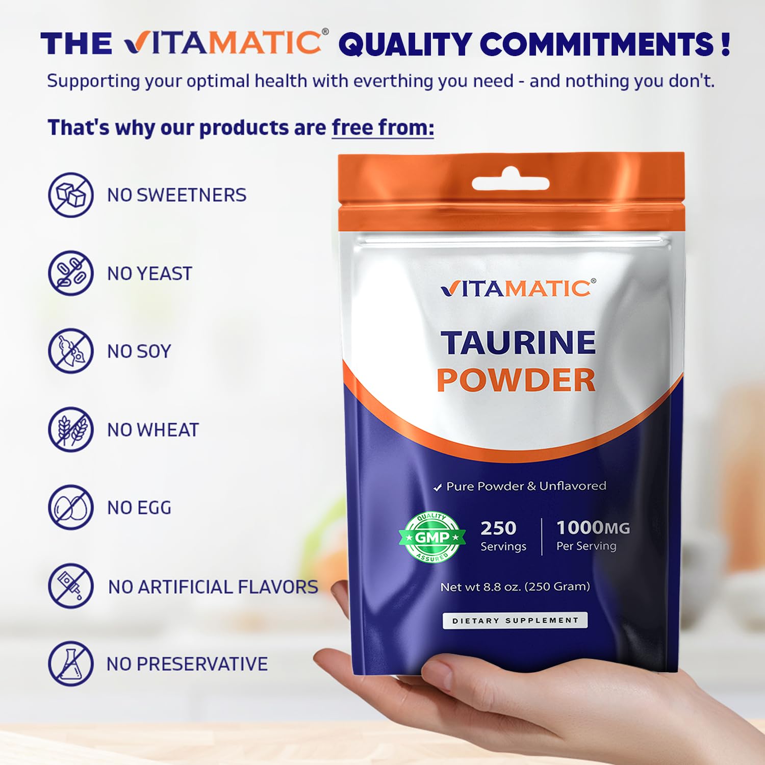 Vitamatic Taurina 1000mg: presentación de alta calidad y pureza.