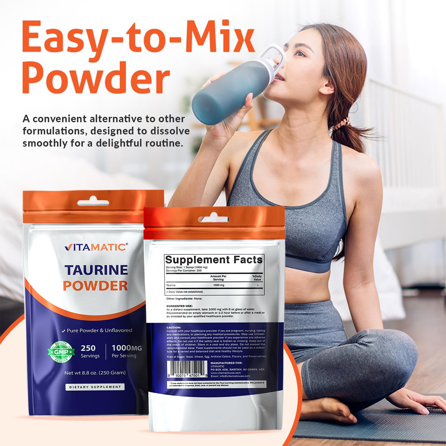 Vitamatic Taurina 1000mg: etiqueta clara sin transgénicos.
