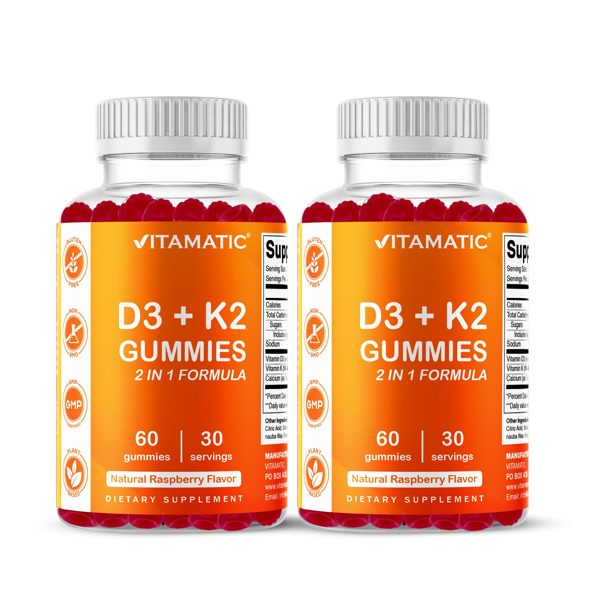 Vitamatic gominolas D3 y K2 en botella, sabor frambuesa para huesos fuertes