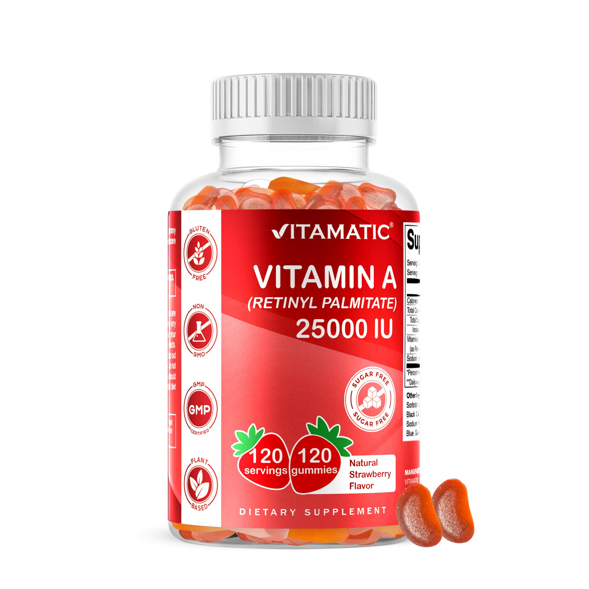 Vitamatic Vitamina A 25000 UI, gominolas sin azúcar, frasco visible para consumo diario