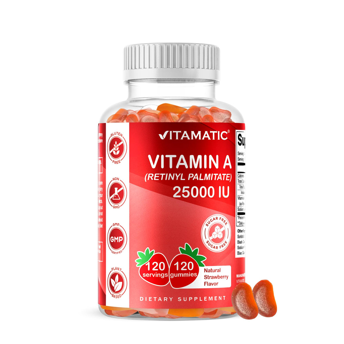 Vitamatic Vitamina A 25000 UI, gominolas sin azúcar, frasco visible para consumo diario