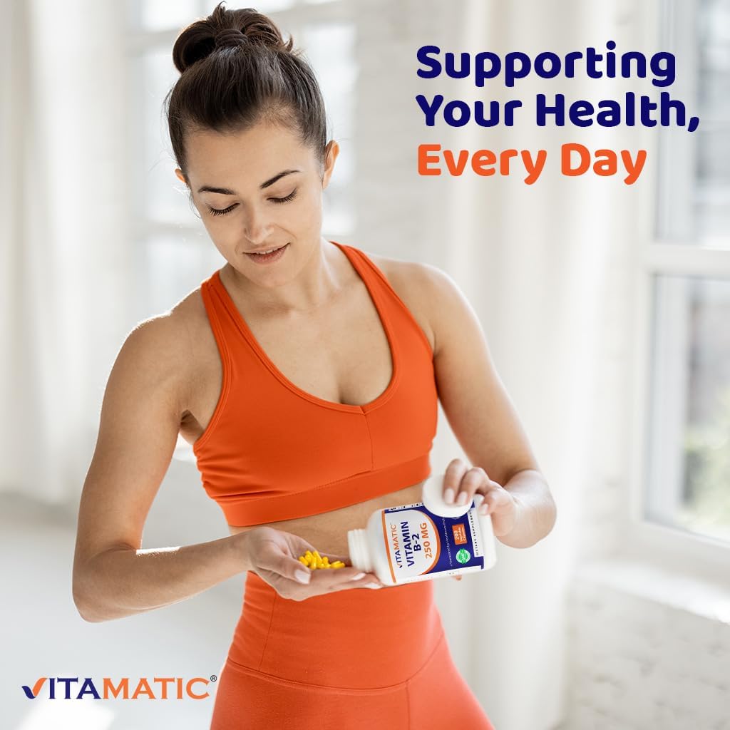 Vitamatic Vitamina B2 botella con etiqueta, recordatorio de 200 cápsulas