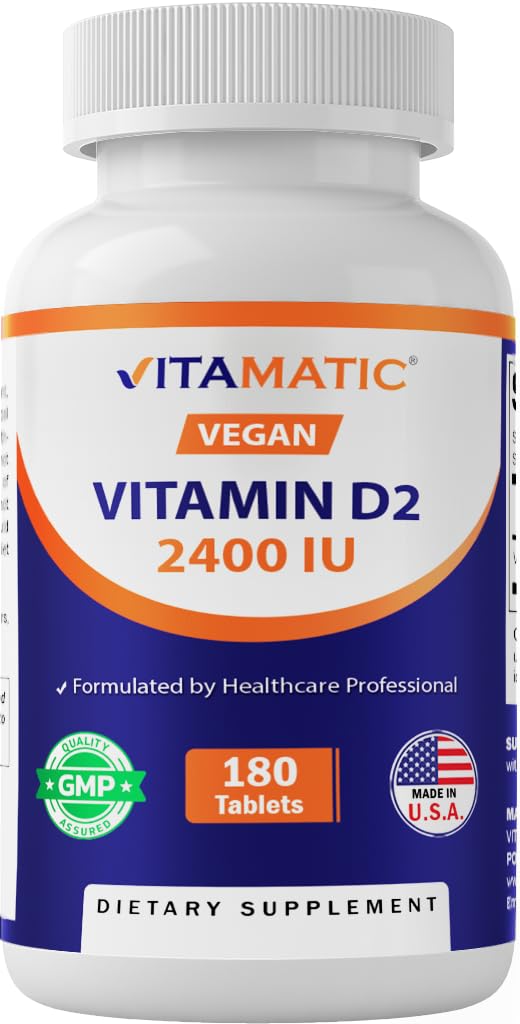 Vitamatic Vitamina D2 en botella con 180 tabletas para apoyo óseo diario.