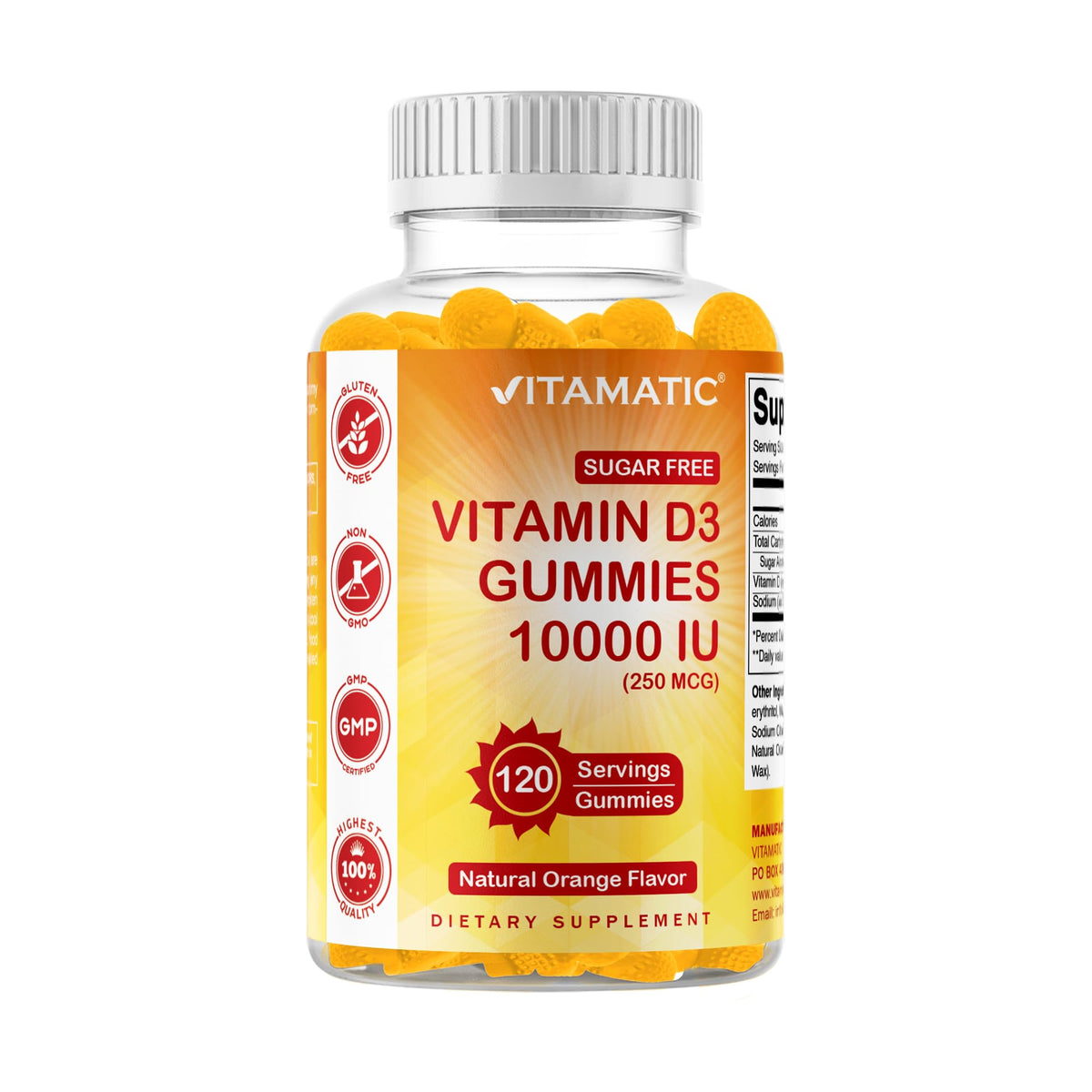 Vitamatic gominolas D3 10000 UI sin azúcar, frente, apoyo diario a huesos