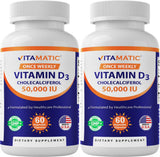 Vitamatic Vitamina D3 50,000 UI, botella con dosis semanal para huesos y músculos.