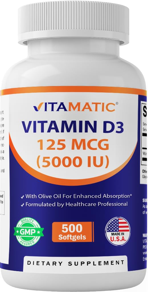 Vitamatic Vitamina D3 5000UI en botella de cápsulas para absorción mejorada