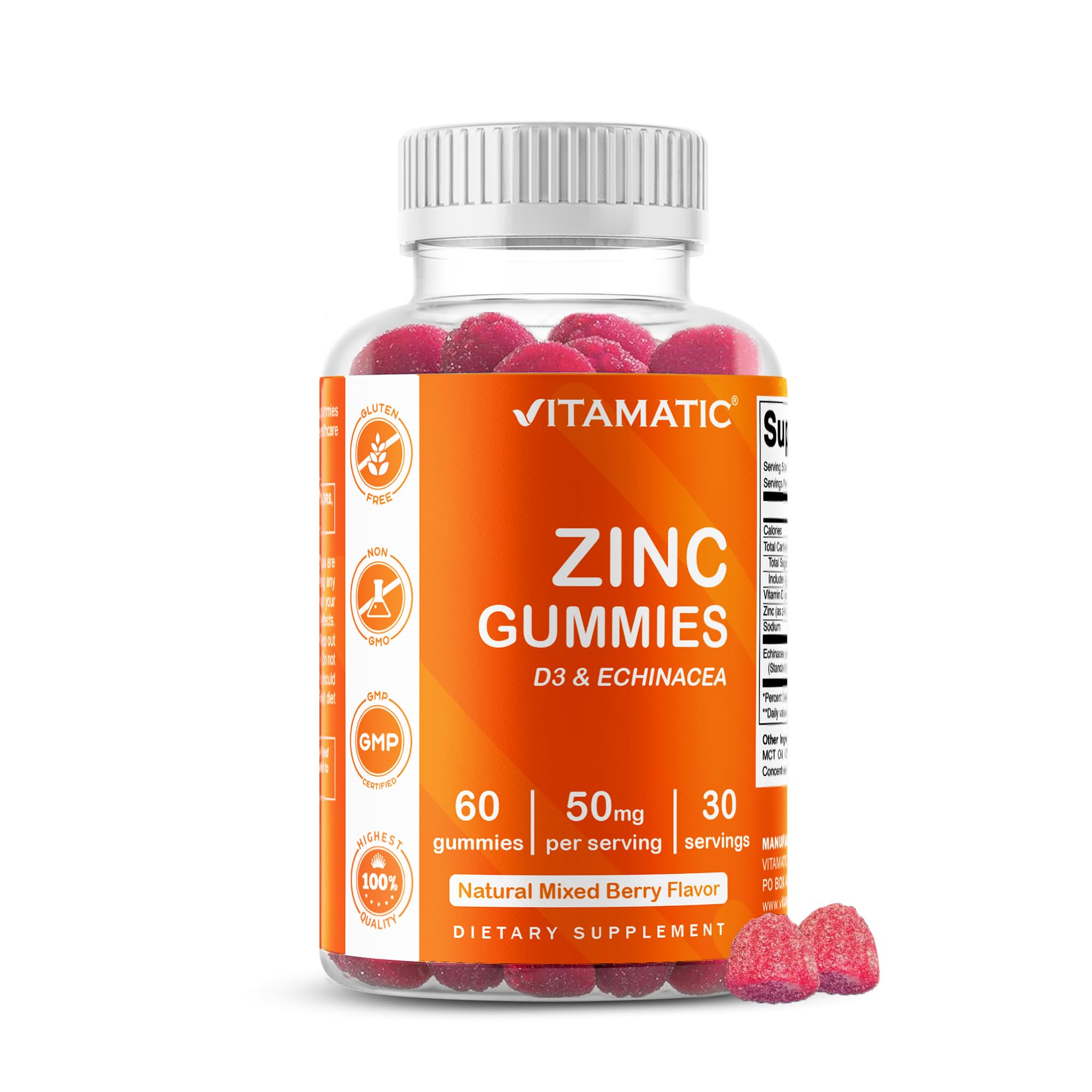 Vitamatic Zinc 50 mg gomitas en envase, opción vegana para uso diario.