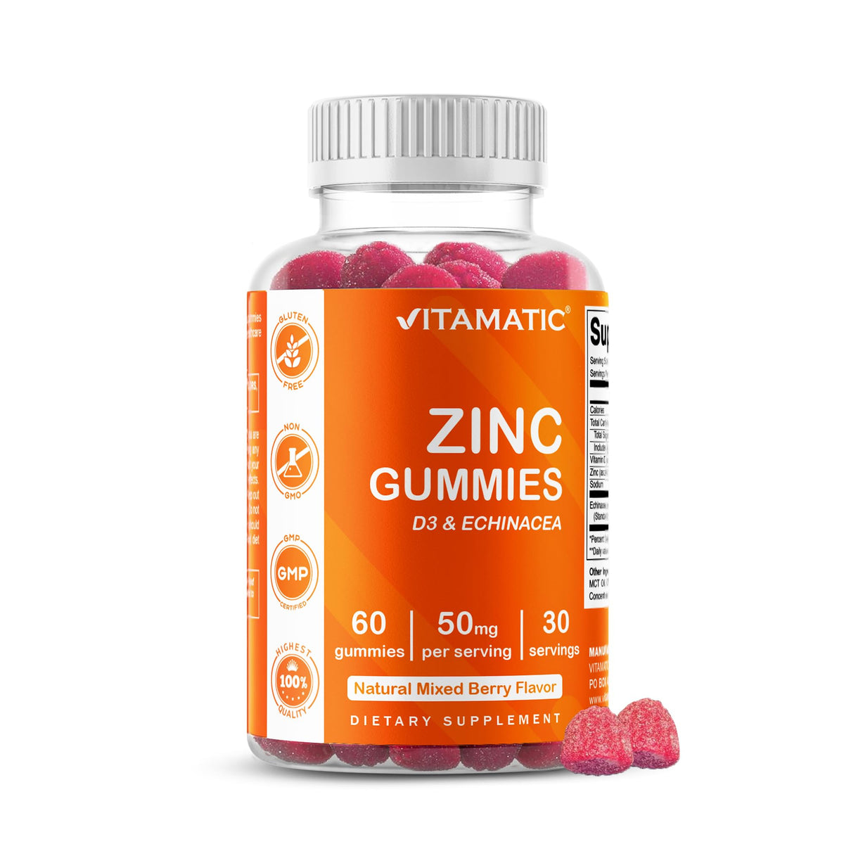 Vitamatic Zinc 50 mg gomitas en envase, opción vegana para uso diario.