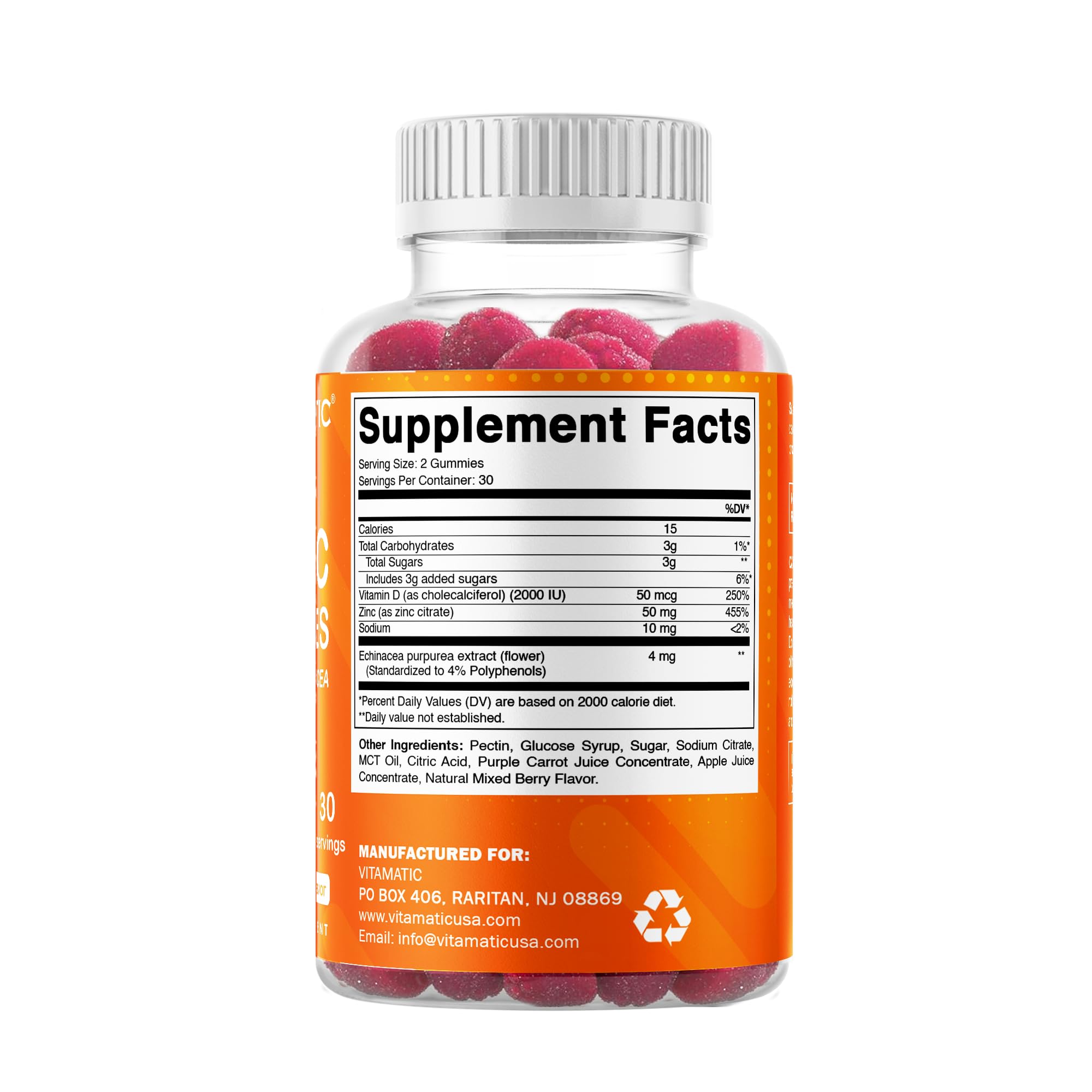 Vitamatic Zinc 50 mg gomitas fáciles de llevar para viajes.