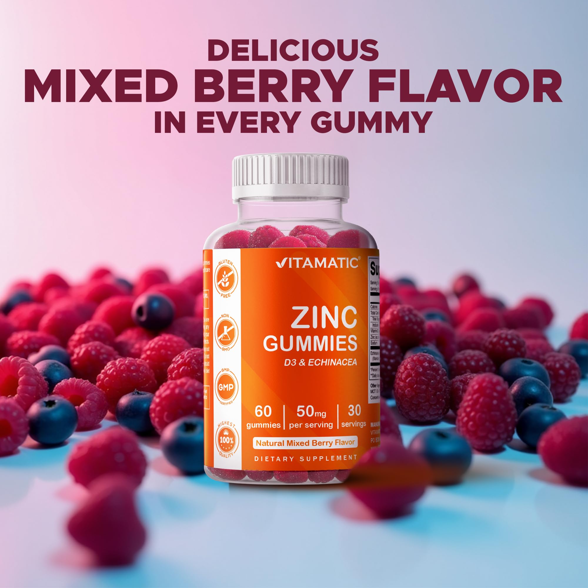 Vitamatic Zinc 50 mg gomitas ideal para consumo diario sin gluten.