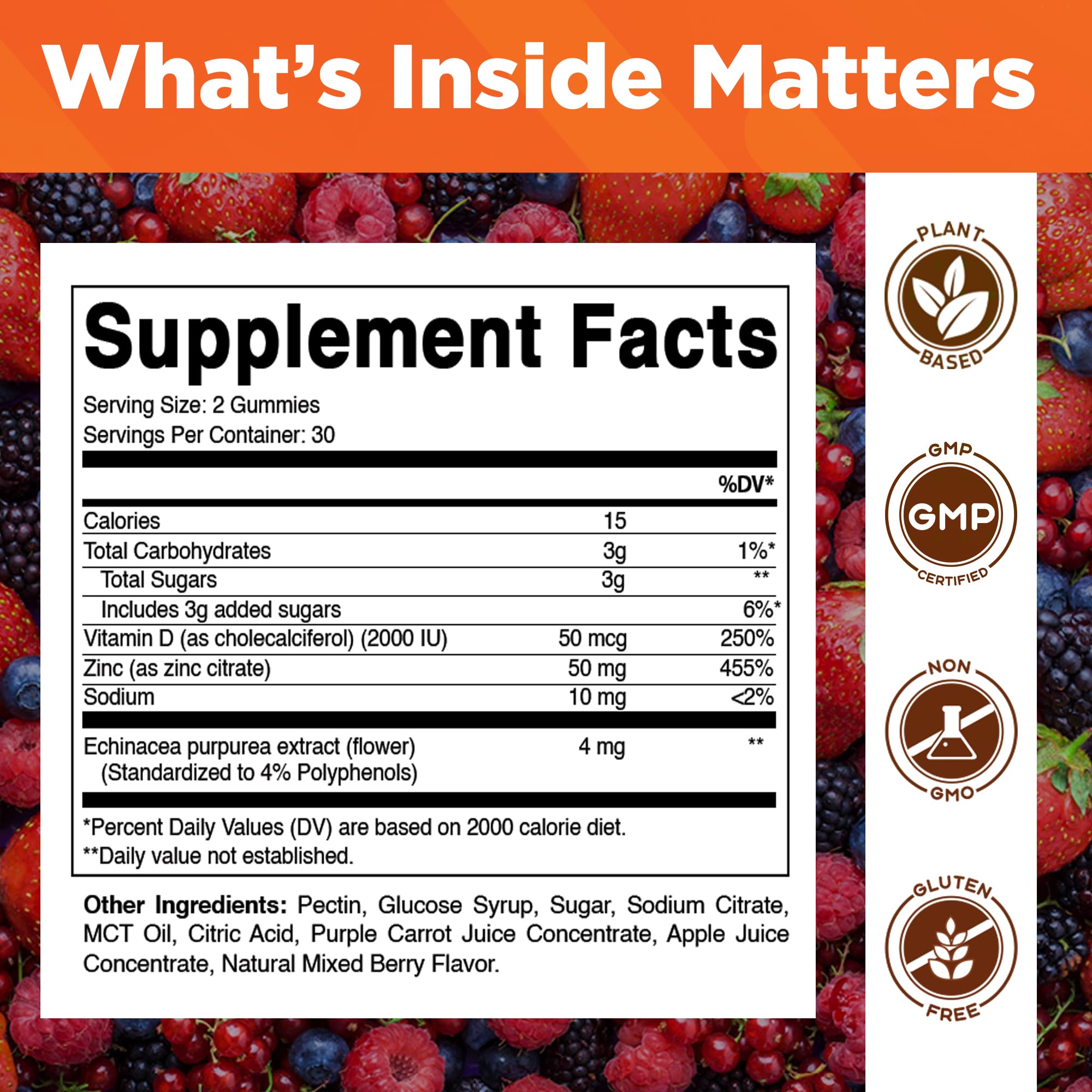 Vitamatic Zinc 50 mg gomitas, textura frutal y sabor a frutos rojos.