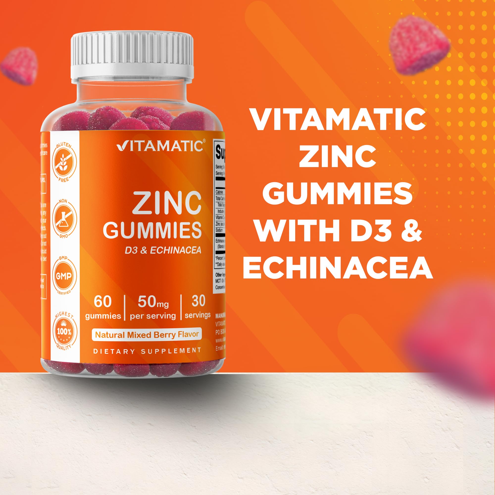 Vitamatic Zinc 50 mg gomitas para uso diario y estilo de vida activo.