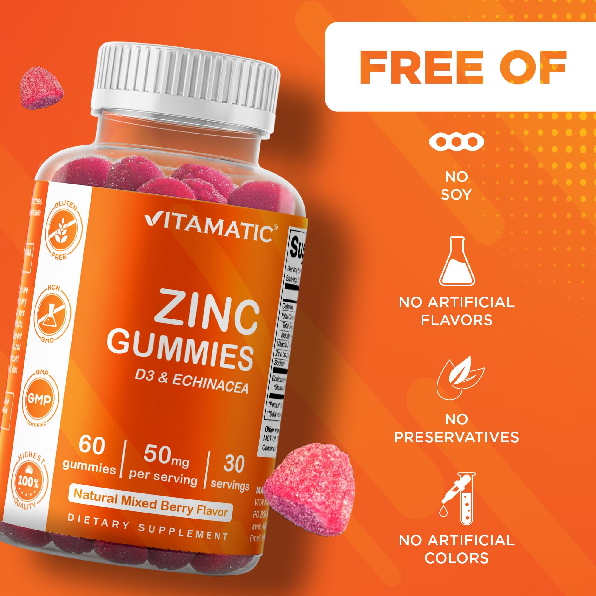Vitamatic Zinc 50 mg gomitas con pectina para adultos.