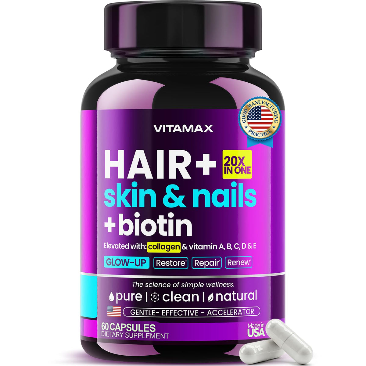 Vitamax biotina-colágeno-queratina para cabello más grueso y saludable.