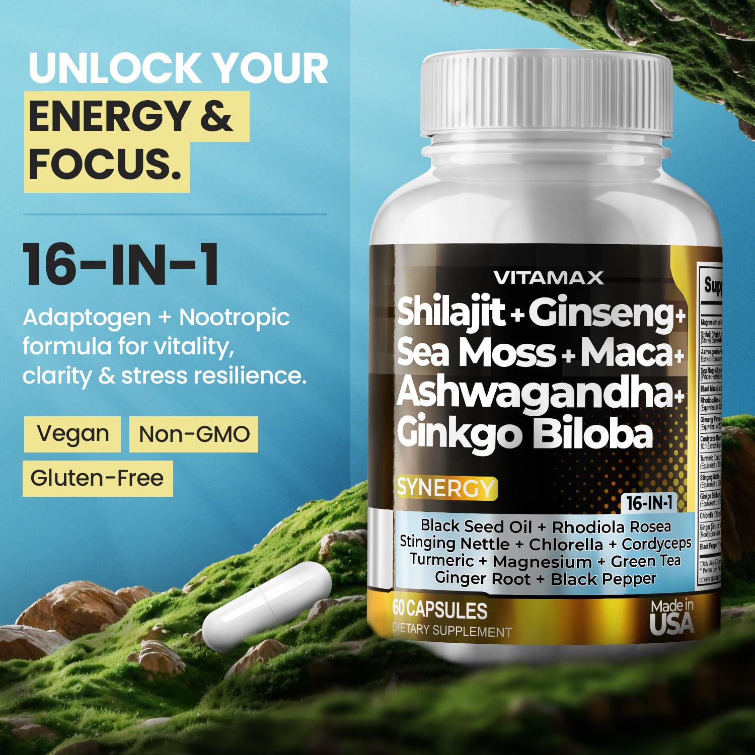Cápsulas Vitamax para hombres y mujeres, enfoque en vitalidad diaria.