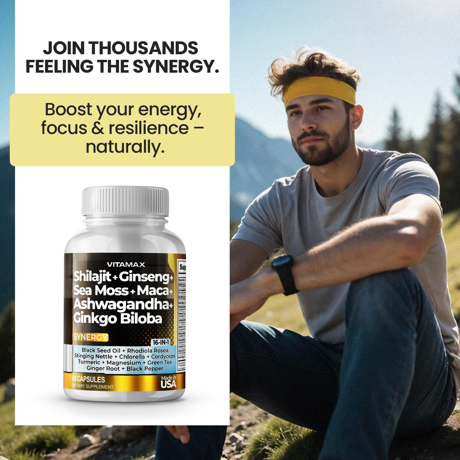 Mezcla de Ashwaganda, Rhodiola, Ginkgo y Panax Ginseng para resiliencia.