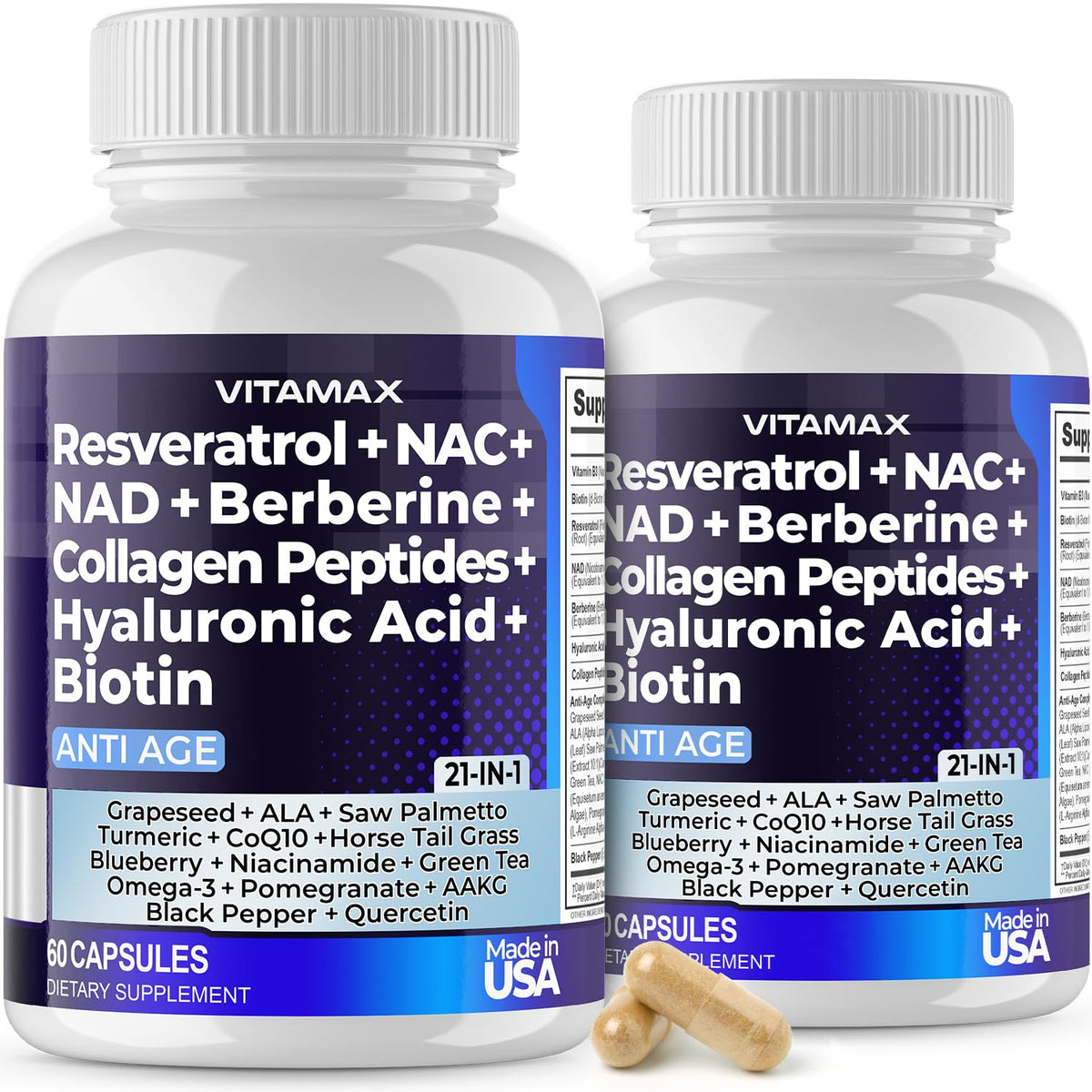 Vitamax Resveratrol NAD+ Berberina con ácido hialurónico en botella para bienestar general