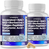 Vitamax Resveratrol NAD+ Berberina con ácido hialurónico en botella para bienestar general