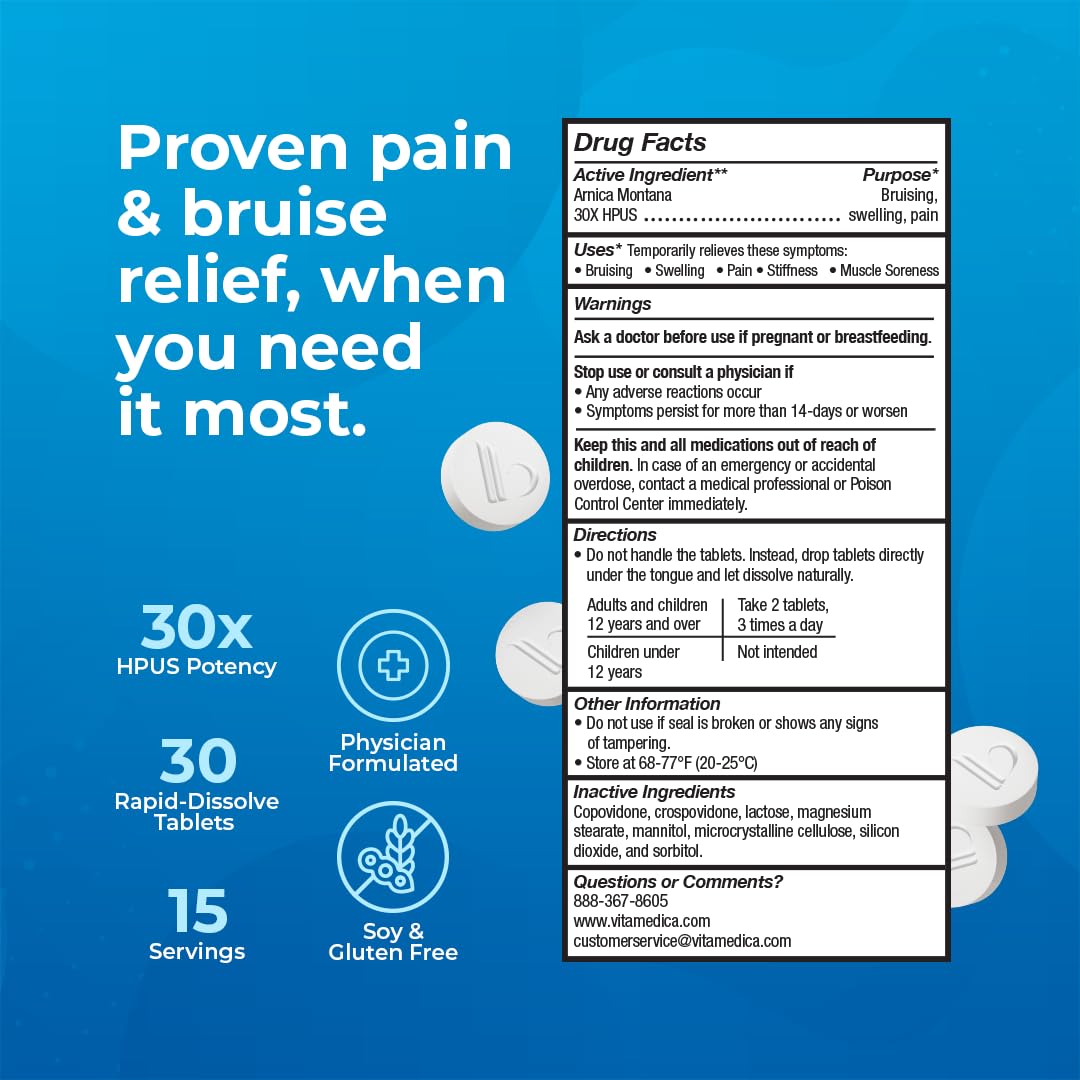 VitaMedica Arnica Montana 30X: alivio de moretones con formato fácil de usar.