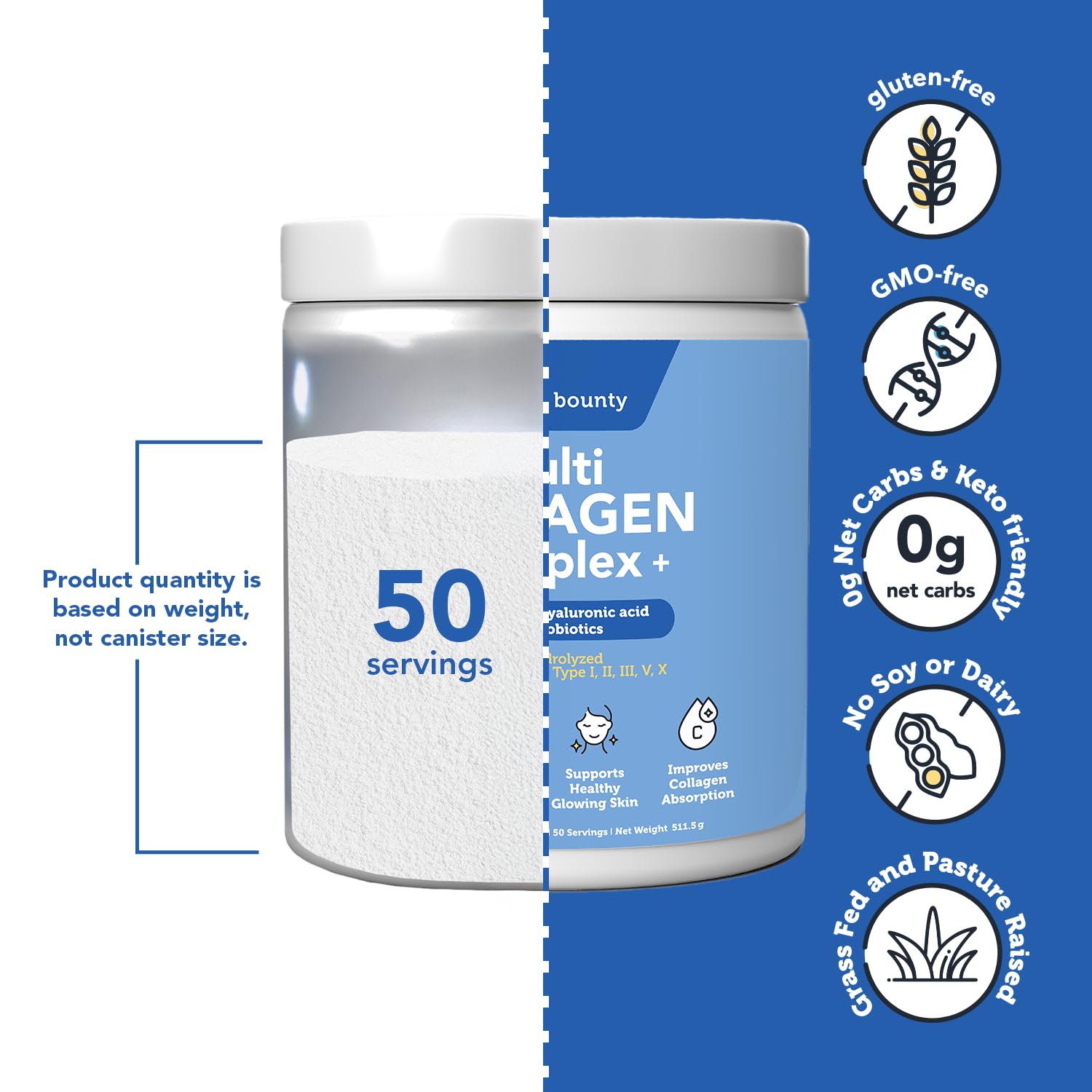 Vitamin Bounty Multi Collagen Peptides, ácido hialurónico, ayuda a hidratación profunda de la piel.