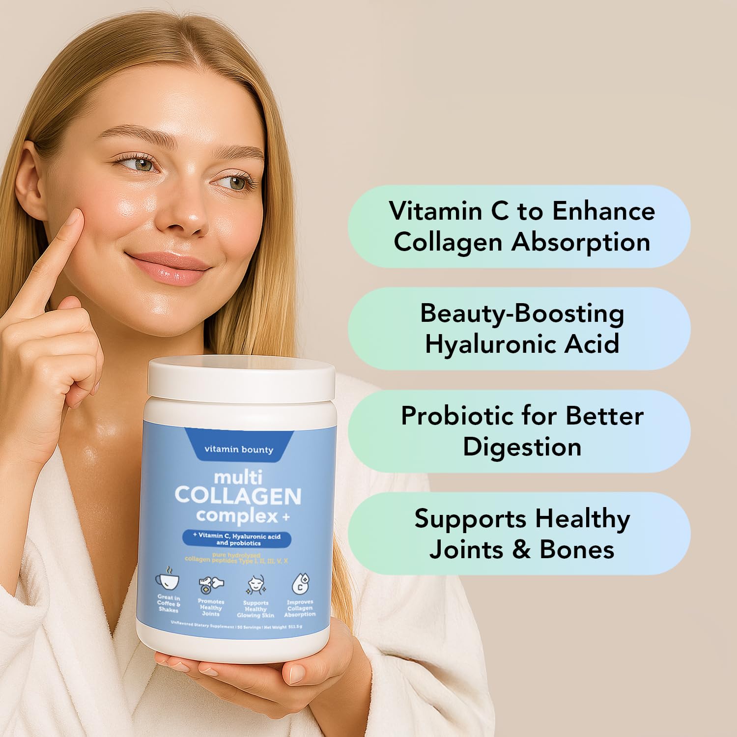 Vitamin Bounty Multi Collagen Peptides, mezcla en vaso, ideal para incorporar en batidos.