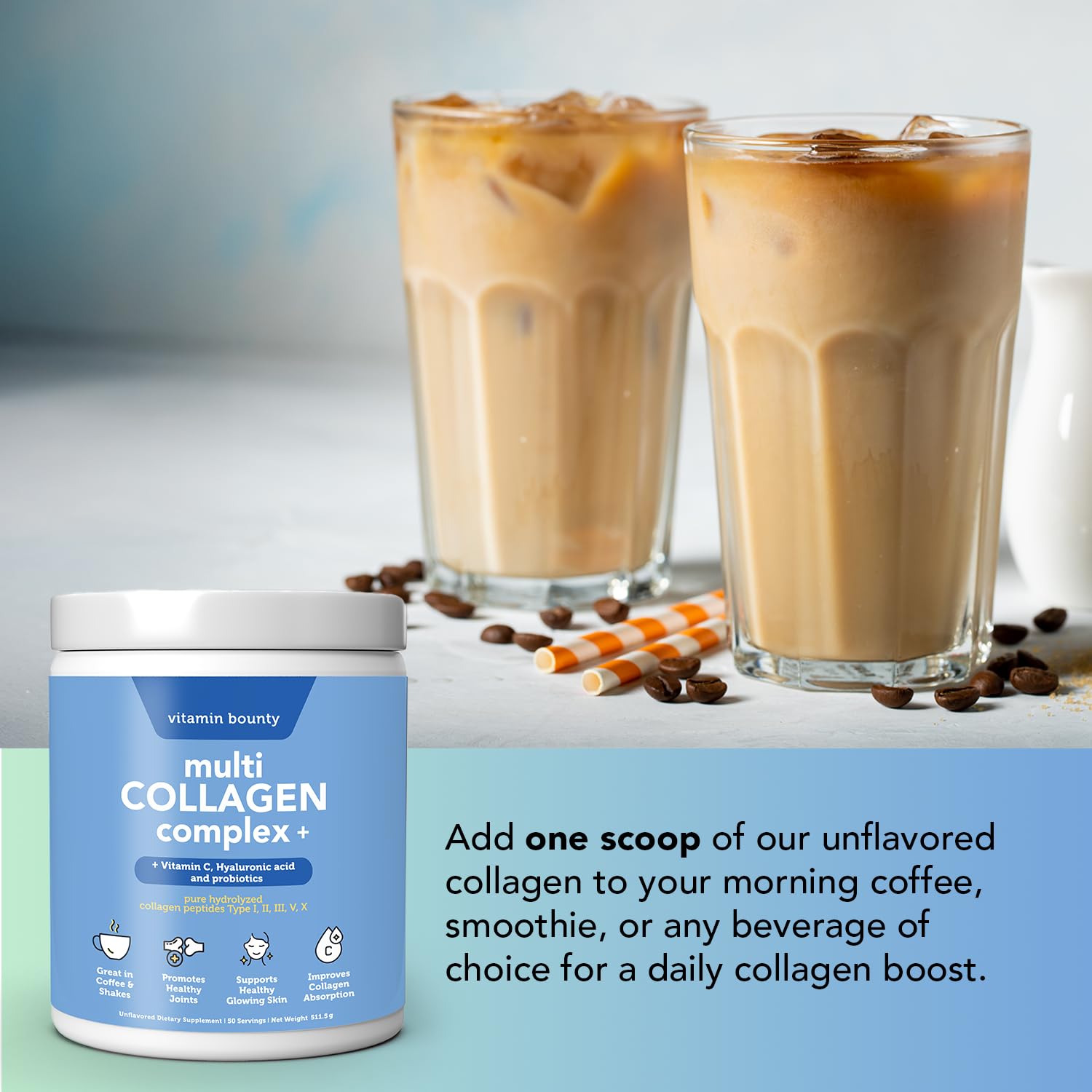 Vitamin Bounty Multi Collagen Peptides: contiene vitamina C para apoyar la absorción del colágeno.