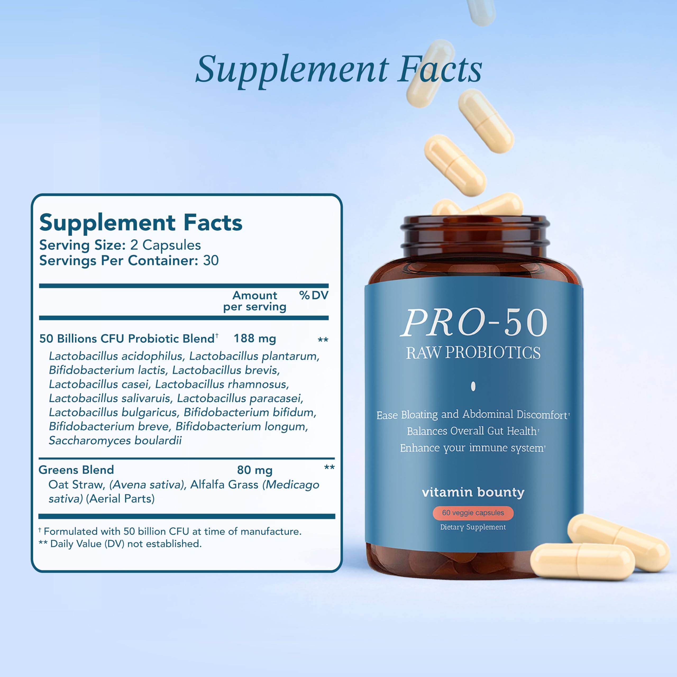 Vitamin Bounty Pro-50 botella con cápsulas para soporte digestivo.