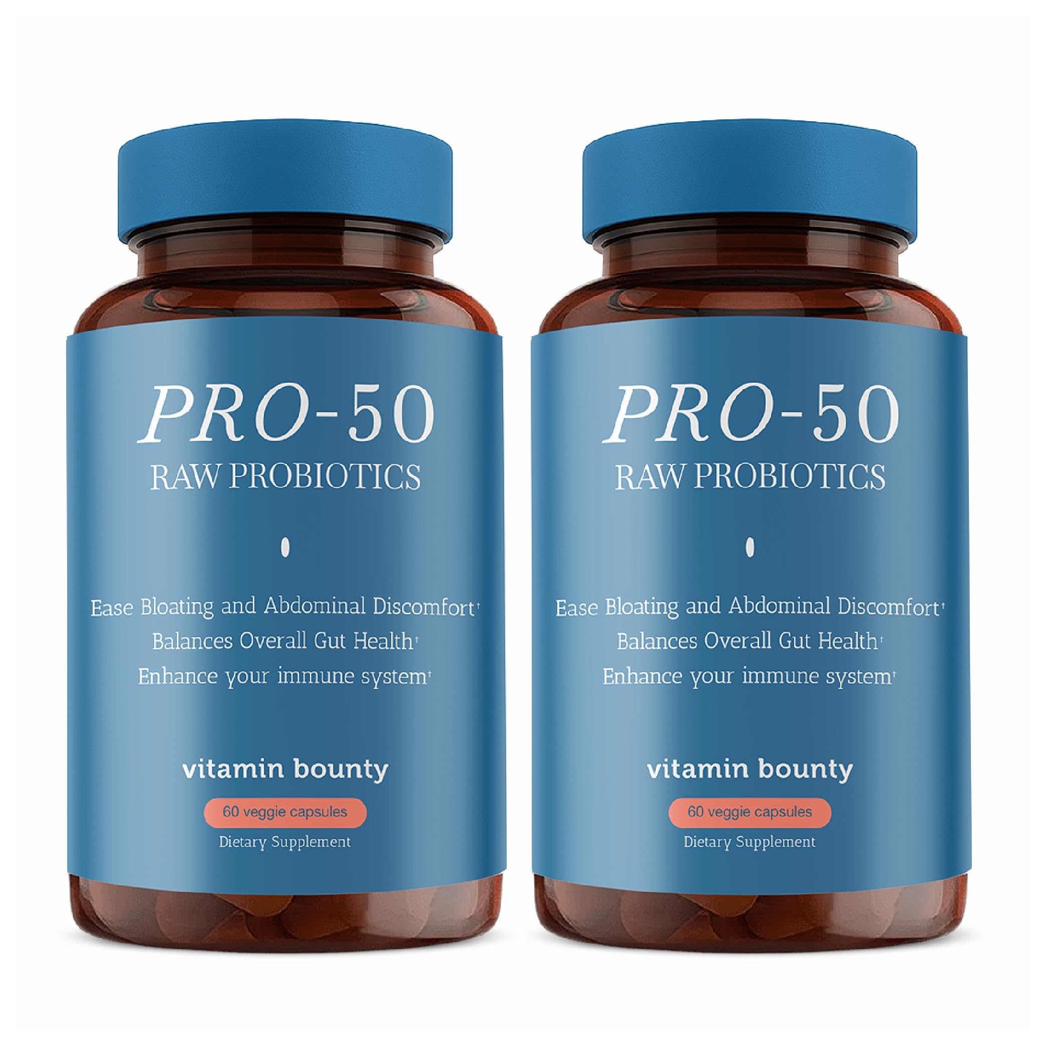 Vitamin Bounty Pro-50 cápsulas probióticas para equilibrio digestivo diario.