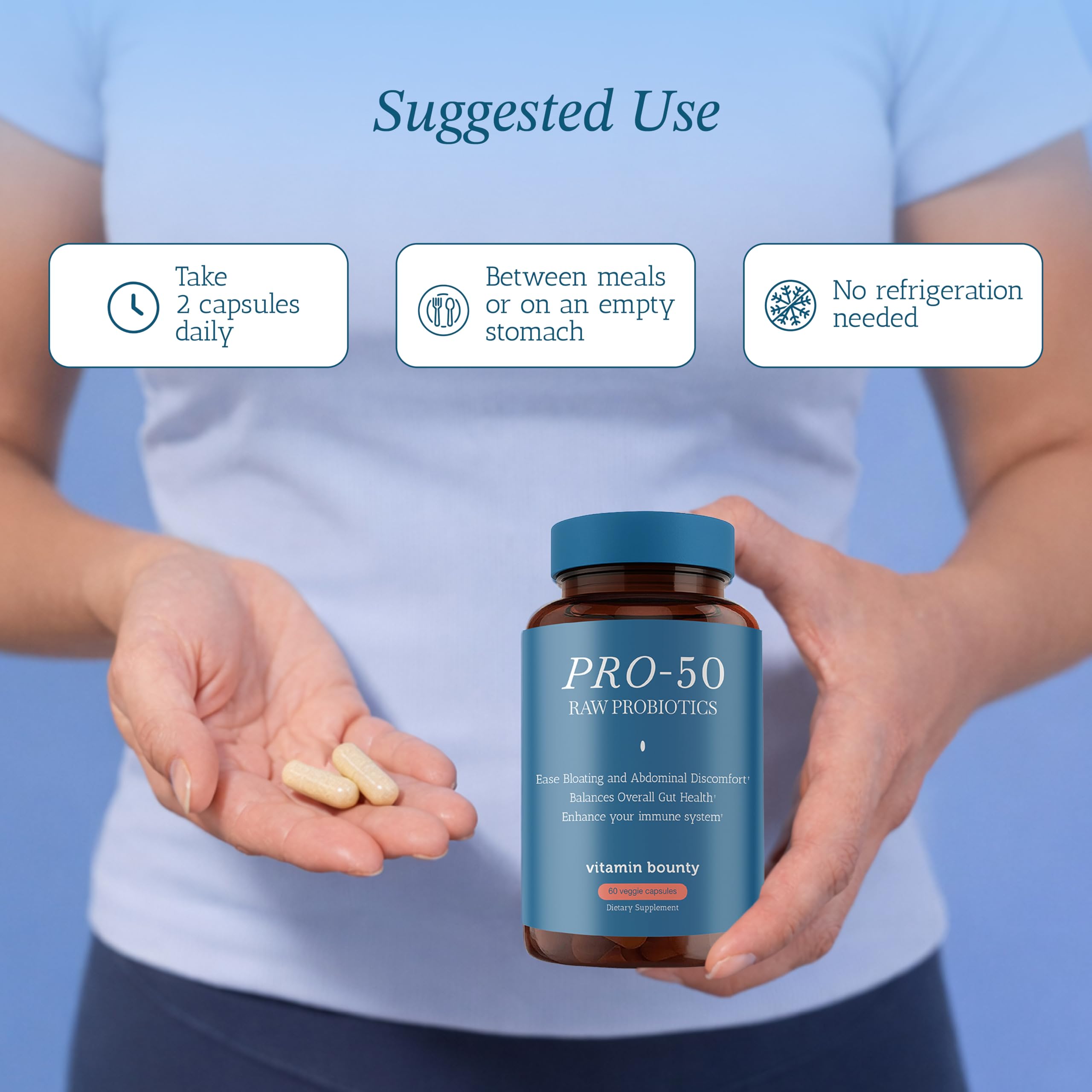 Vitamin Bounty Pro-50 con prebióticos para colonización beneficiosa.