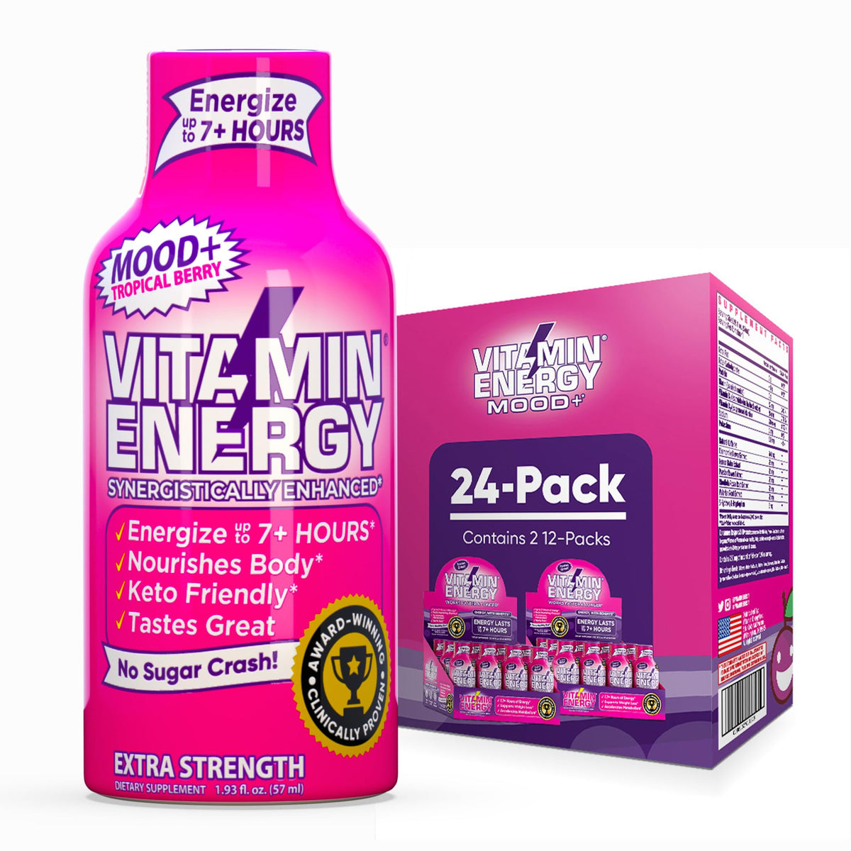 Vitamin Energy Mood+ Shot, botella-frente, energía rápida para la jornada.
