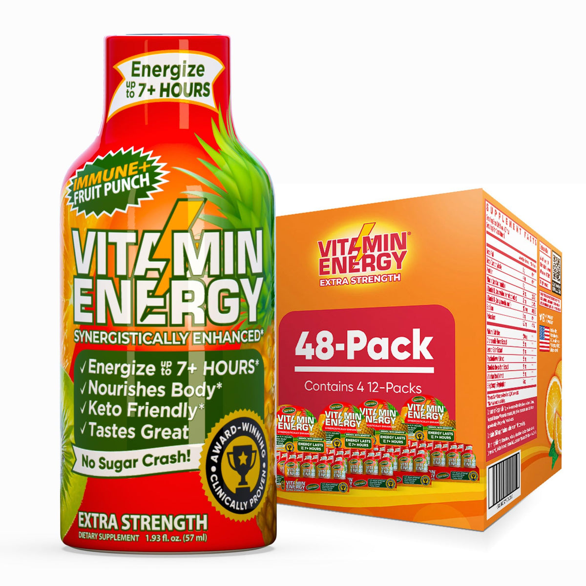 Vitamin Energy empaque frontal, energía sostenida para jornadas largas.