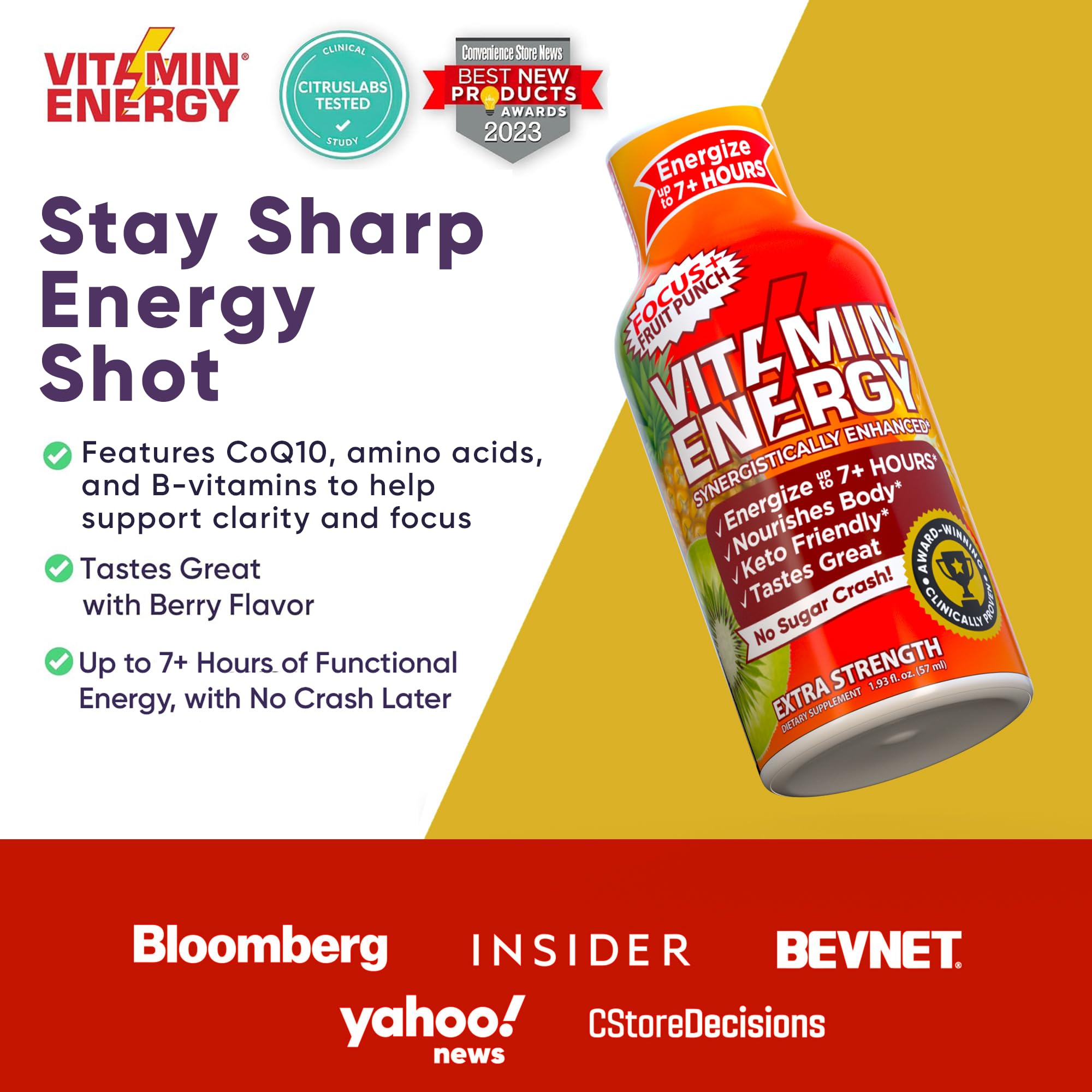 Vitamin Energy Enfoque+ Etiqueta destacada con ingredientes clave