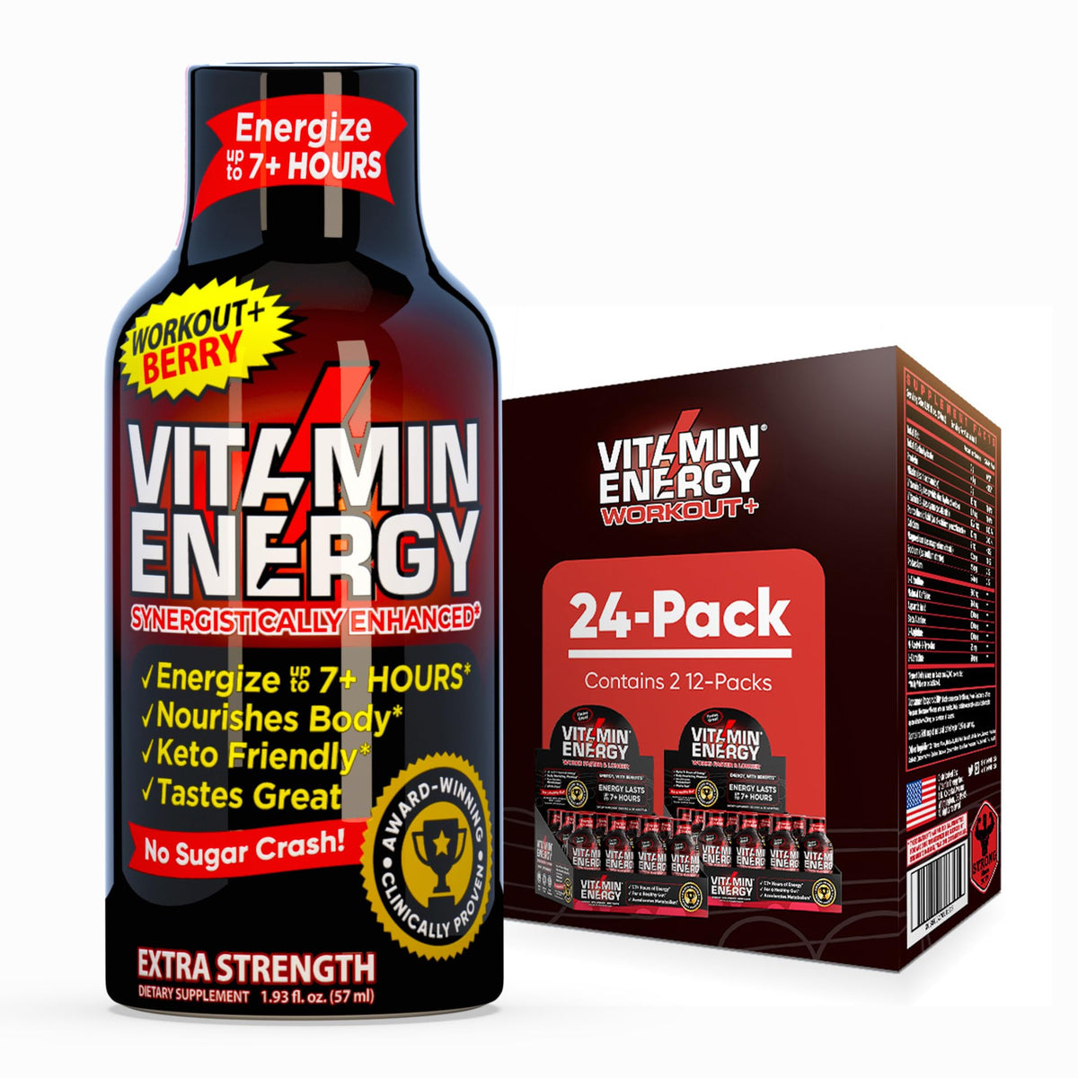 Vitamin Energy inyectable energizante sabor frambuesa en botella para energía sostenida.
