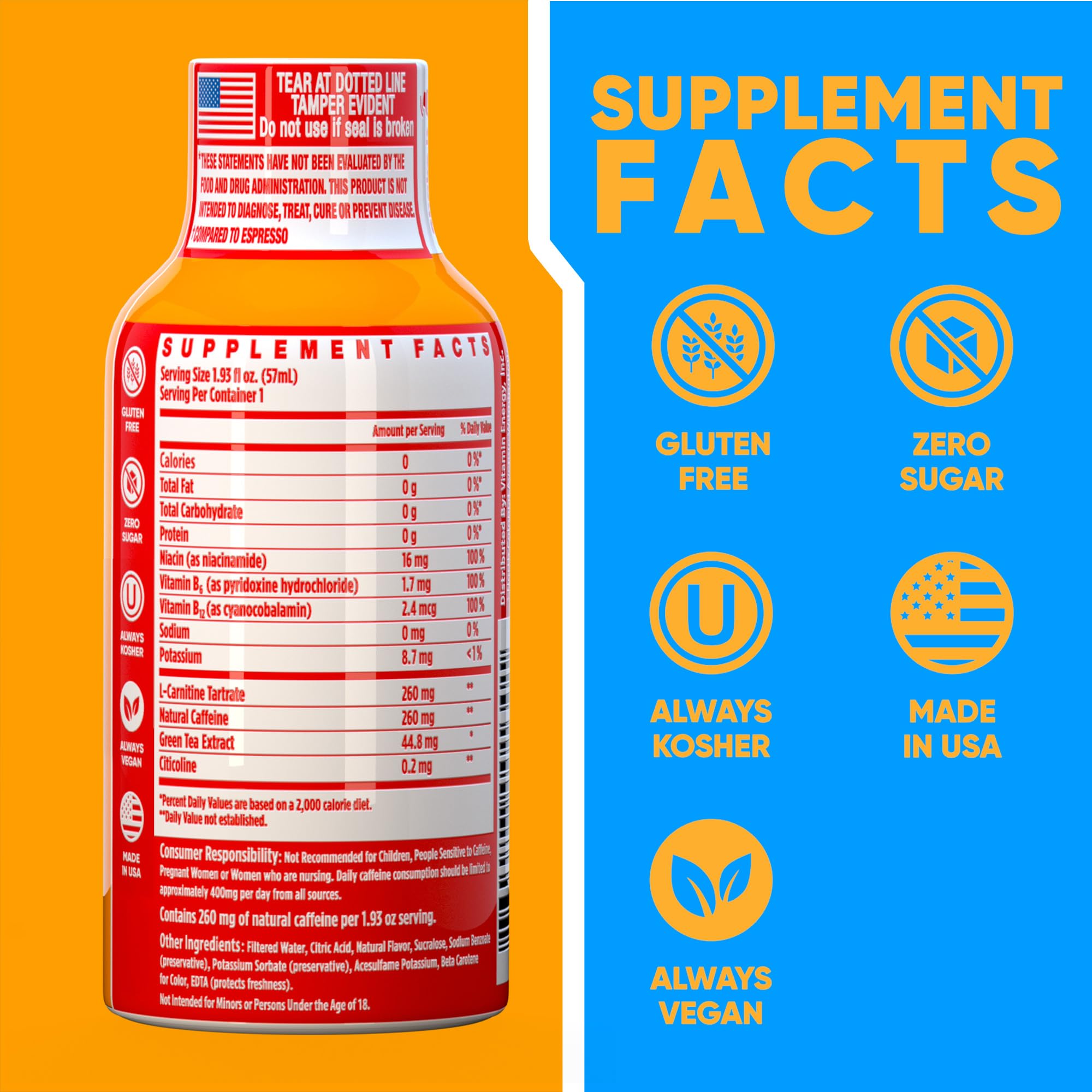 Vitamin Energy, envase naranja, visual atractivo para consumo rápido.