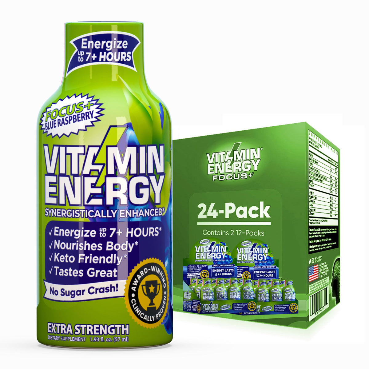 Vitamin Energy Focus+ azul frambuesa, botella para energía sostenida y enfoque.
