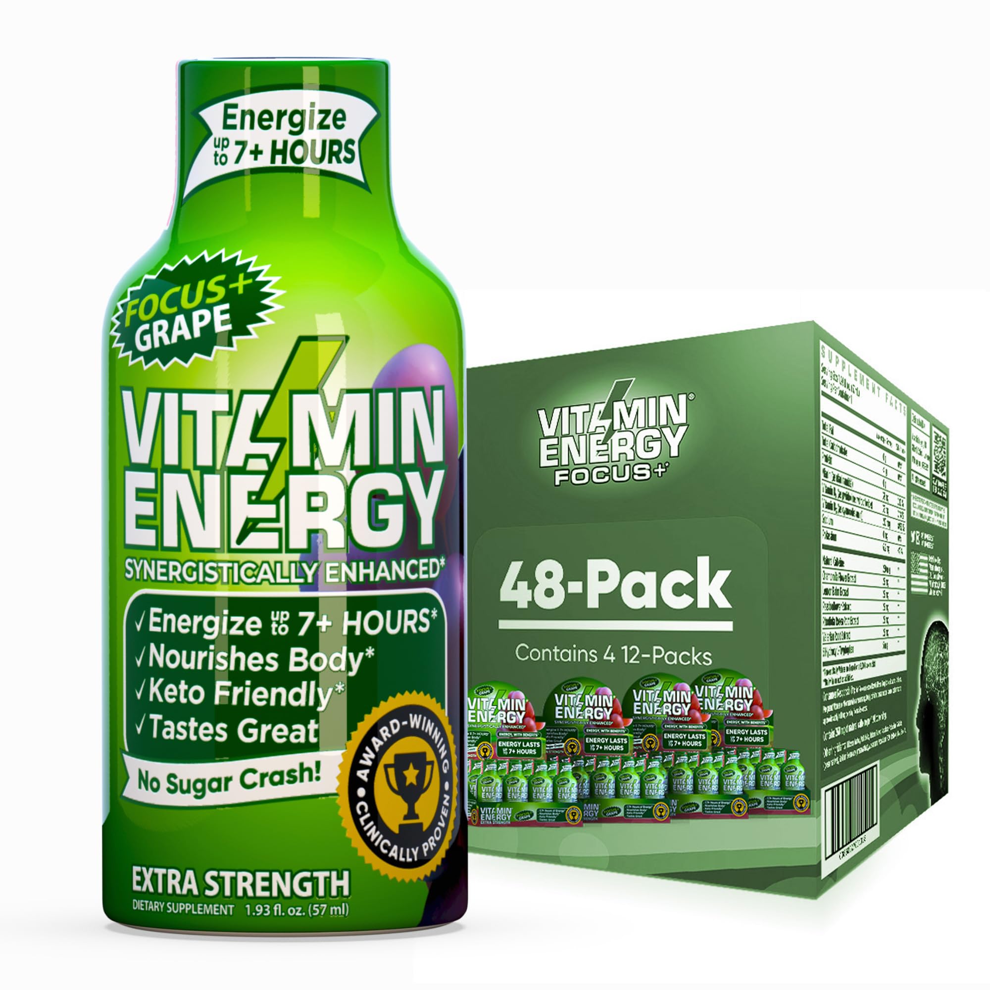 Vitamin Energy Focus+ Shot Uva en botella para energía rápida y práctica.