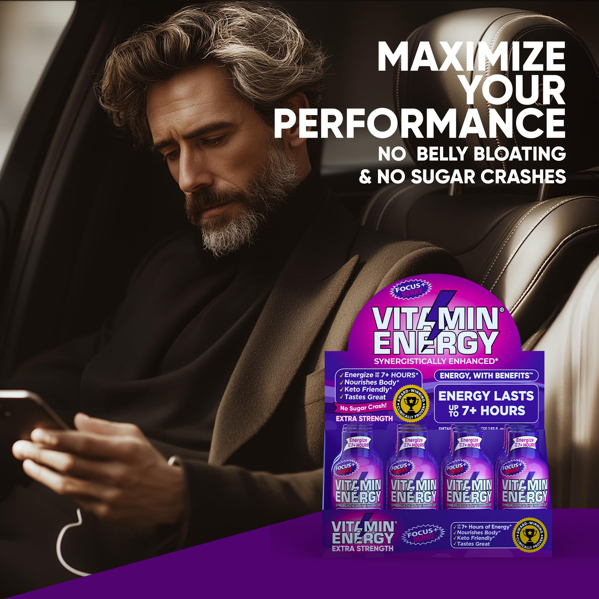 Vitamin Energy Focus+ Frambuesa: botella en mesa lista para la mañana productiva.
