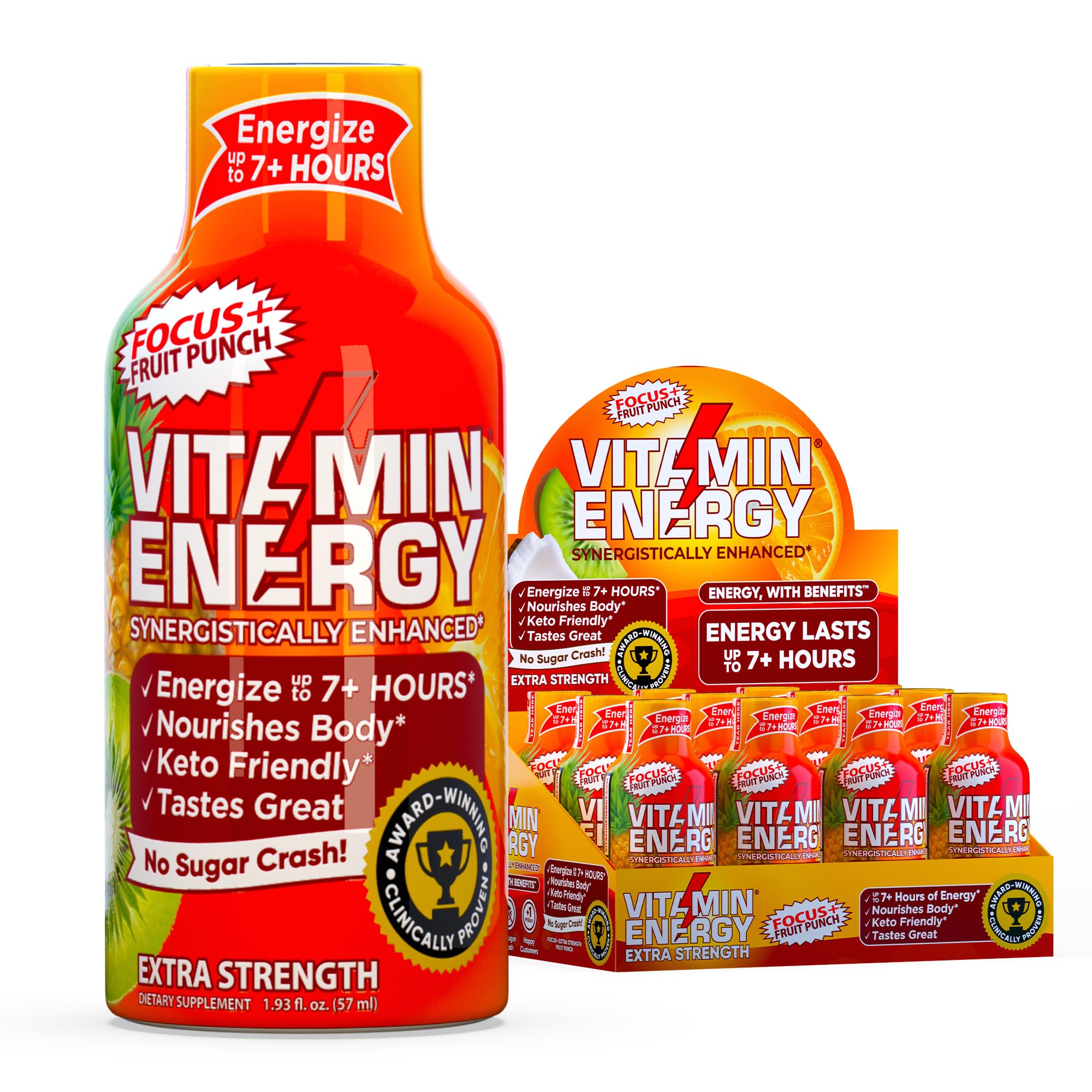 Vitamin Energy Focus+ shot fruta-punch 12pack para energía sostenida y enfoque