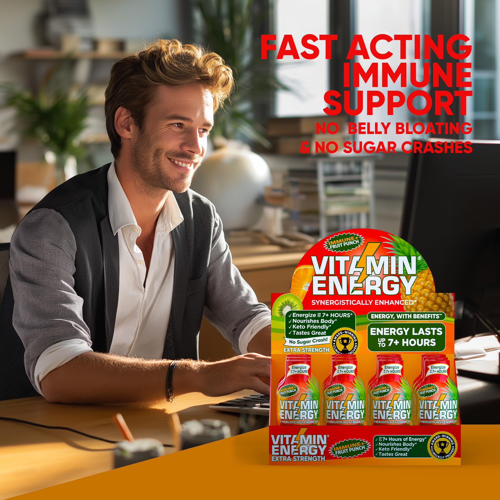 Vitamin Energy Immune+ Presentación portátil, pack de 24 unidades.